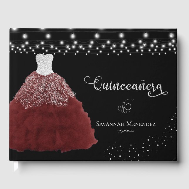 Black Quinceanera Red Gown Silver Ljus Photo Gästböcker (Framsida)