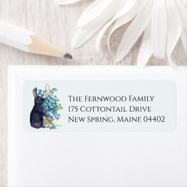 Black Rabbit Blue Glöm mig inte Flower Påsk Returadress Etikett (Insitu)