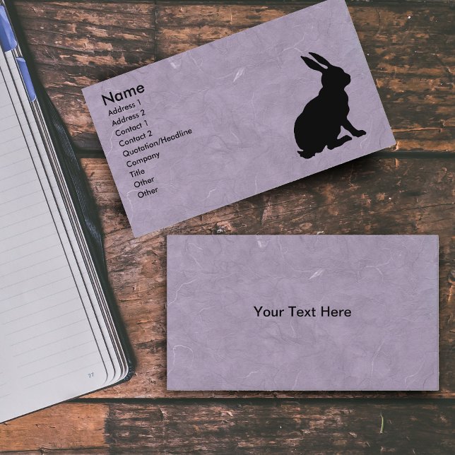Black Rabbit Silhouette Marcular Lila Visitkort (silhouette of black sitting rabbit on marbled purple business cards.)