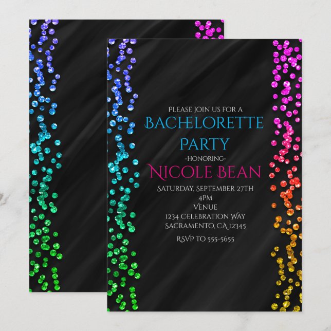 Black Rainbow Gnistra Glitter Confetti Roligt Part Inbjudningar (Fram/baksida)