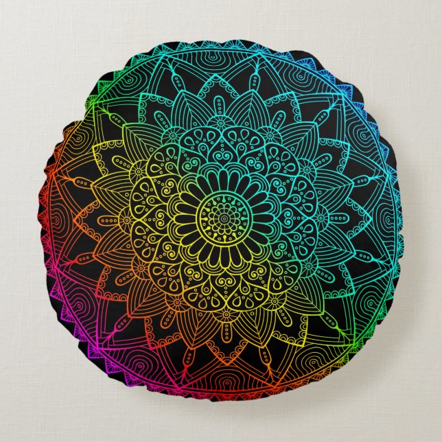 Black Rainbow Mandala Rund Kudde (Framsidan)