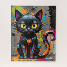 Black Rainbow Splatter Cat Jigszle Puzzle