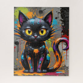 Black Rainbow Splatter Cat Jigszle Puzzle Pussel
