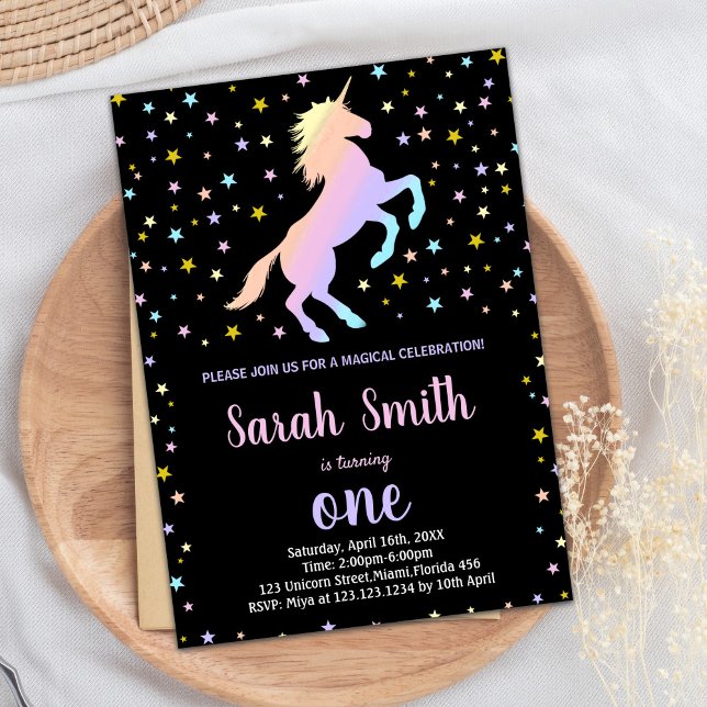 Black Rainbow Unicorn Birthday-inbjudningar Inbjudningar (Black Rainbow Unicorn Birthday Invitations)