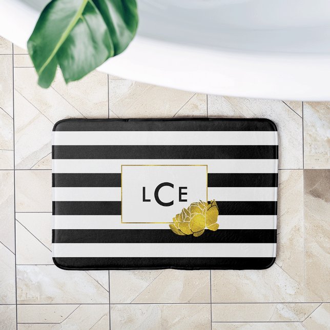 Black Rand & Faux Guld Peony Monogram Badrumsmatta (Skapare uppladdad)