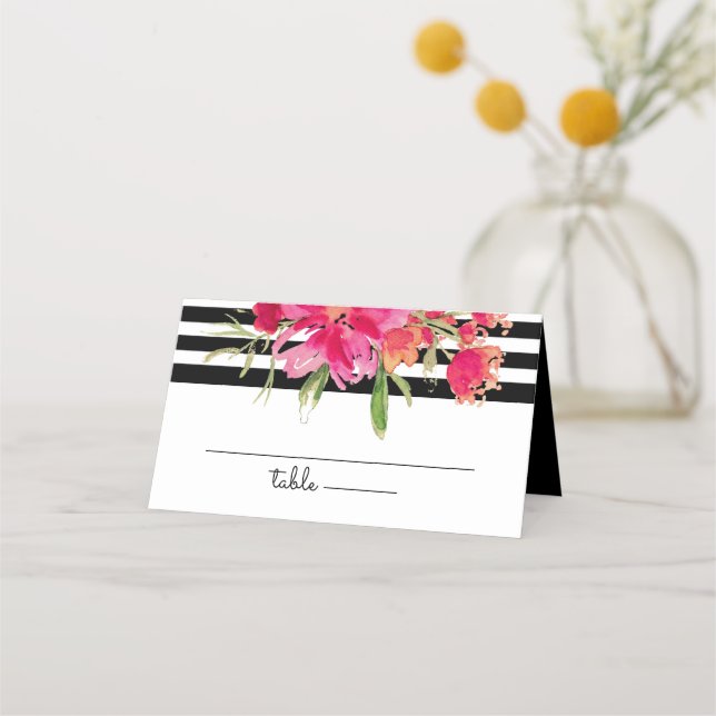 Black Rand | Fuchsia Flowers Bröllop Placeringskort (Framsida)