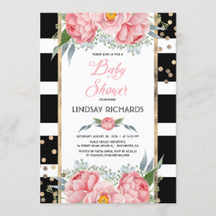 Black Rand Guld och Rosa Blommigt Baby Shower Inbjudningar