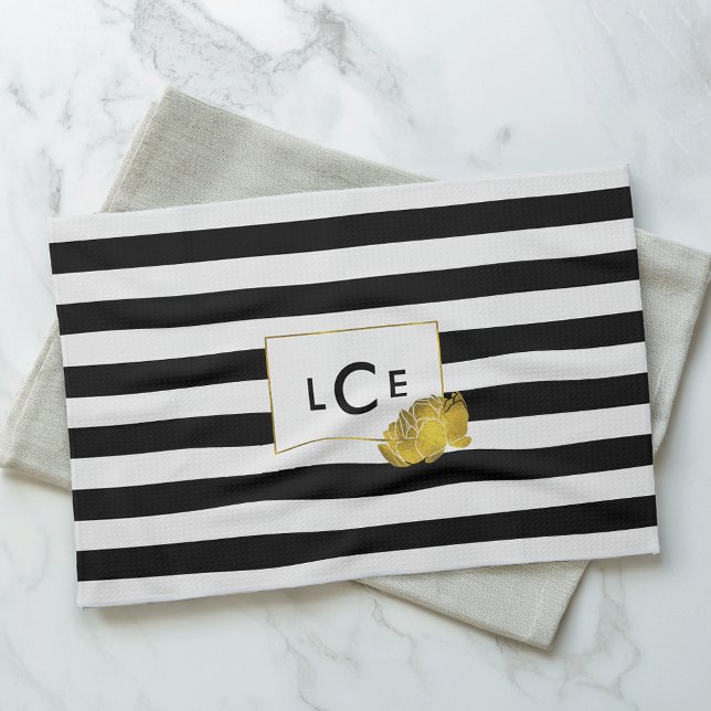 Black Rand & Guld Peony Monogram Towel Kökshandduk (Skapare uppladdad)