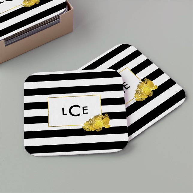 Black Rand & Guld Peony Monogram Underlägg (Skapare uppladdad)