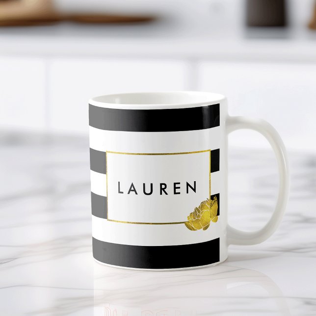 Black Rand & Guld Peony Personlig mugg (Skapare uppladdad)