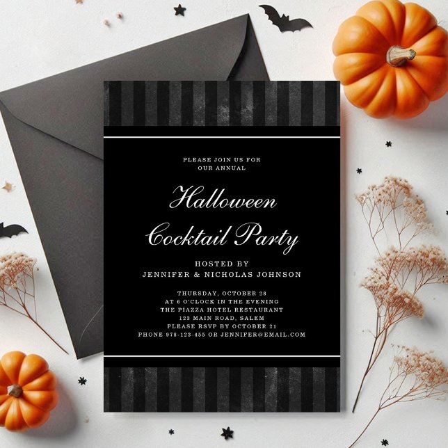 Black Rand Halloween Cocktail Party Inbjudningar (Black Stripes Halloween Cocktail Party Invitation)