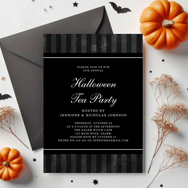 Black Rand Halloween Tea Party Inbjudningar (Black Stripes Halloween Tea Party Invitation)