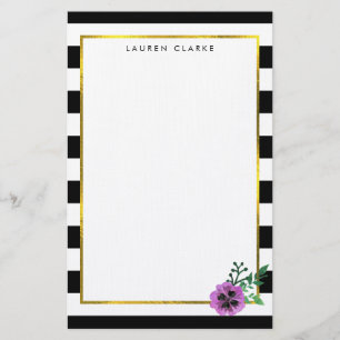 Black Rand Lila Pansy Personlig Stationery Brevpapper