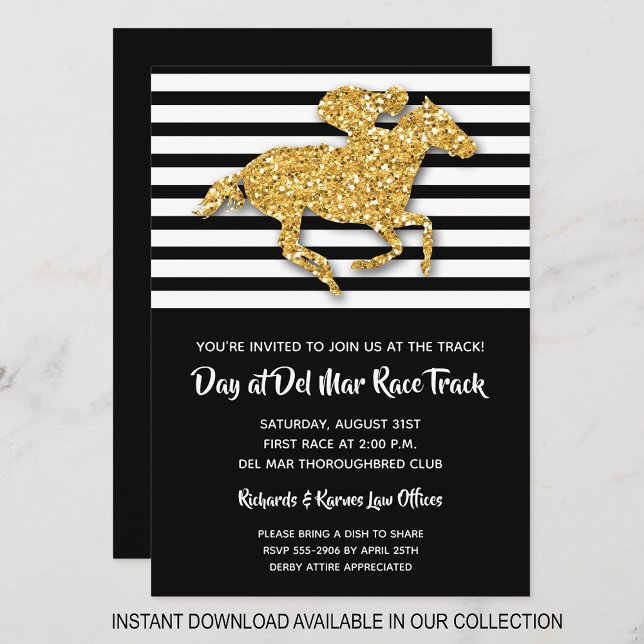 Black Rand och Guld Glitter Horse Tävla Inbjudan (INSTANT DOWNLOAD available in our collection to send your invitations digitally.)