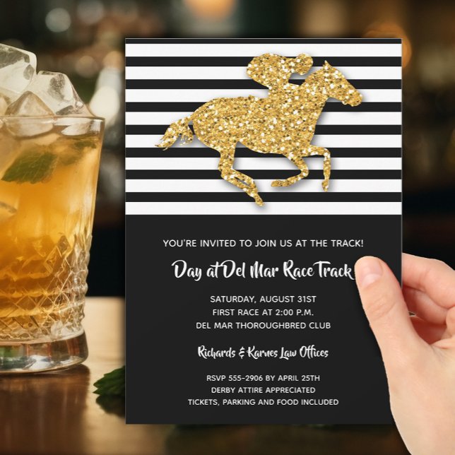 Black Rand och Guld Glitter Horse Tävla Inbjudningar (Gold racehorse on black and white stripes party invitations - PRINTED and/or INSTANT DOWNLOAD)