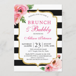 Black Rand Rosa Blommigt Brunch och Bubly Inbjudningar