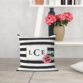 Black Rand & Rosa Blommigt Monogram Dekorativ kudd Kudde