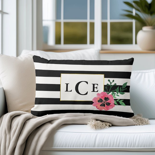 Black Rand & Rosa Blommigt Monogram Dekorativ kudd Lumbarkudde (Skapare uppladdad)