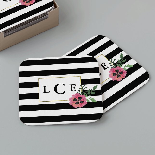 Black Rand & Rosa Blommigt Monogram Underlägg (Skapare uppladdad)