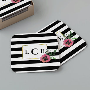 Black Rand & Rosa Blommigt Monogram Underlägg Papper Kvadrat