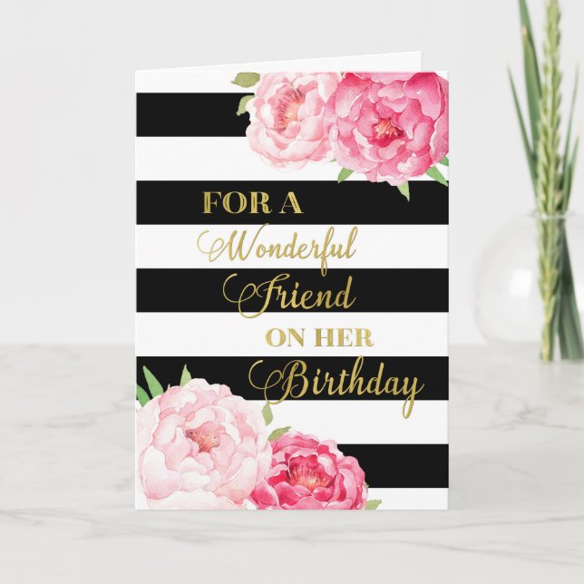 Black Rand Rosa Flowers Friend Birthday Card Kort (Framsida)