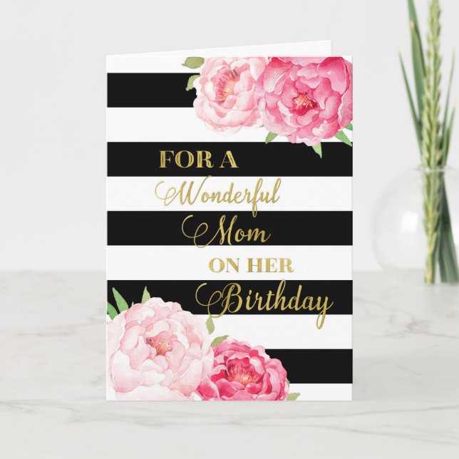 Black Rand Rosa Flowers Mamma Birthday Card Kort (Framsida)