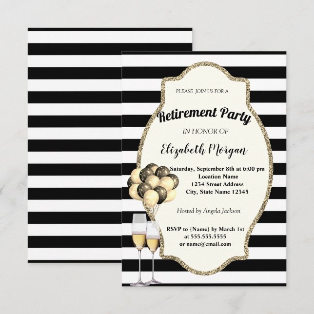 Black Rand Vin Glas ,Ballons, Pension Party Inbjudningar (Fram/baksida)