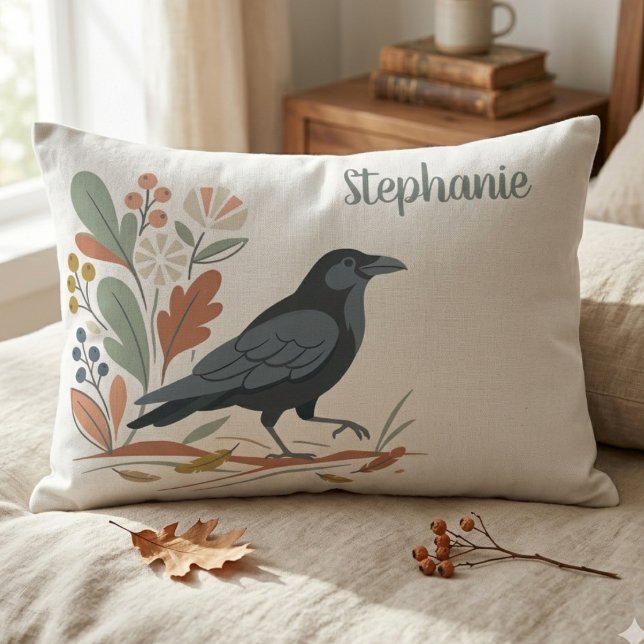 Black Raven Bird Botanical Autumn Prydnadskudde (Black raven botanical accent pillow)