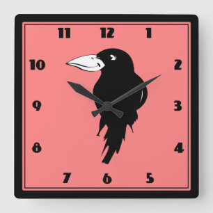 Black Raven Bird Illustration Fyrkantig Klocka