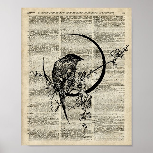 Black Raven Bird stencil över den gamla ordlistepa Poster (Framsidan)