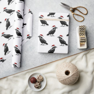 Black raven crow with red santa hat pattern presentpapper