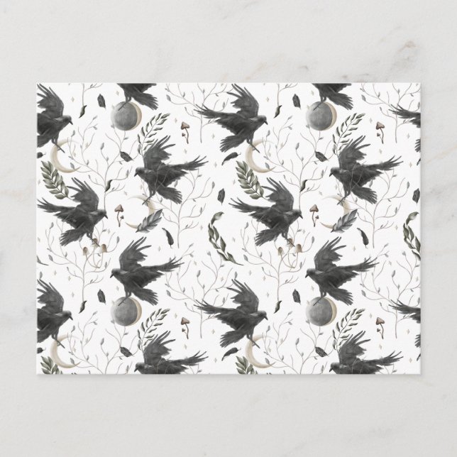 Black Raven, Måne och Vild Plants Witchcraft Vykort (Framsida)