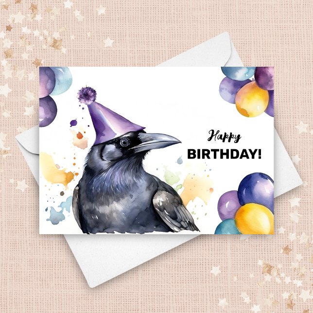 Black Raven med Balloons och Party Hat Birthday Kort (Skapare uppladdad)