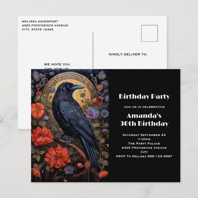 Black Raven med Flowers Gothic Birthday Inbjudan (Fram/baksida)