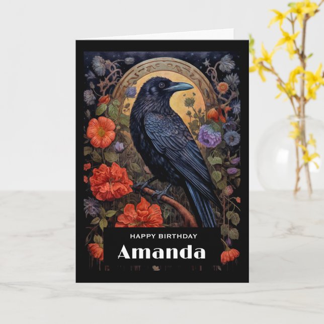 Black Raven med Flowers Gothic Design Birthday Kort (Gul blomma)