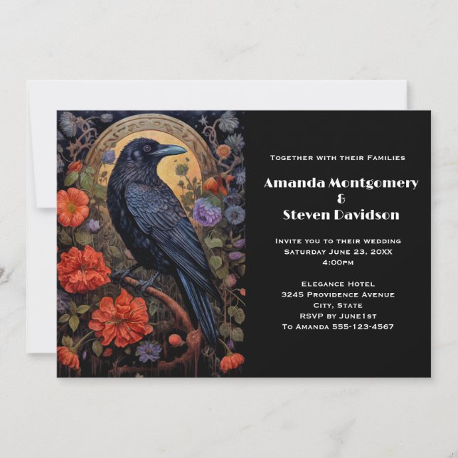 Black Raven med Flowers Gothic Design Bröllop Inbjudningar (Framsida)