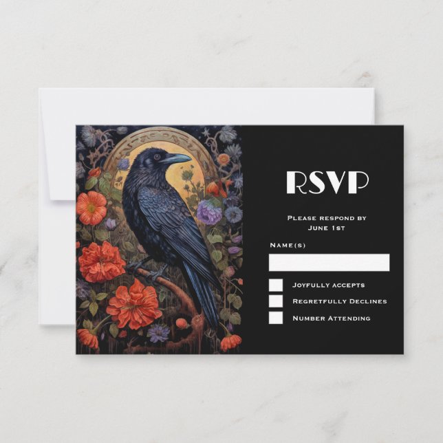 Black Raven med Flowers Gothic Design Bröllop OSA Kort (Framsida)