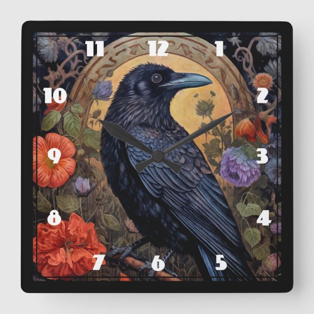 Black Raven med Flowers Gothic Design Fyrkantig Klocka (Framsida)
