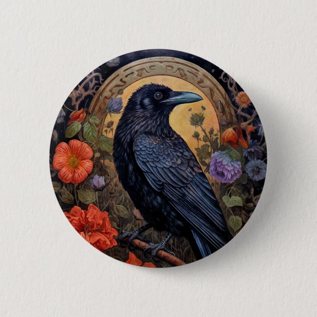 Black Raven med Flowers Gothic Design Knapp (Framsida)
