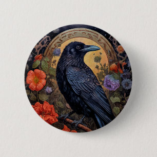 Black Raven med Flowers Gothic Design Knapp