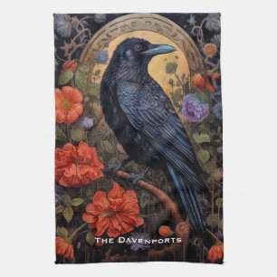 Black Raven med Flowers Gothic Design Kökshandduk