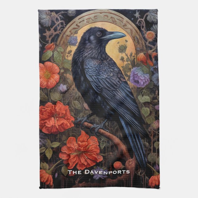 Black Raven med Flowers Gothic Design Kökshandduk (Vertikal)
