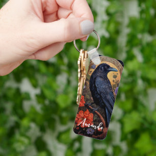 Black Raven med Flowers Gothic Design Nyckelring