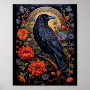 Black Raven med Flowers Gothic Design Poster