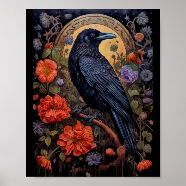 Black Raven med Flowers Gothic Design Poster (Framsidan)