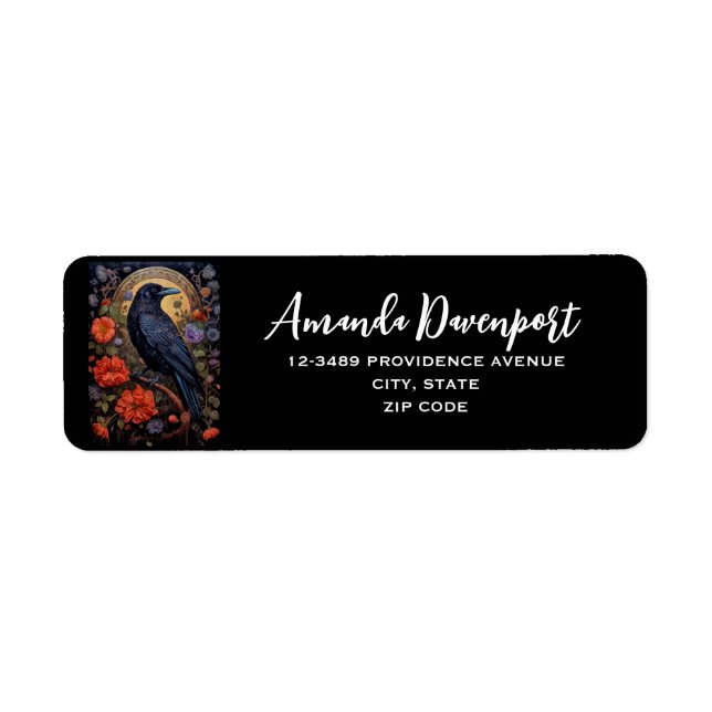 Black Raven med Flowers Gothic Design Returadress Etikett (Framsidan)