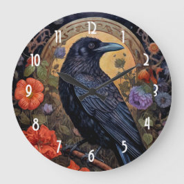 Black Raven med Flowers Gothic Design Stor Klocka