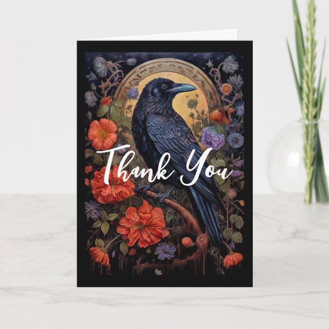 Black Raven med Flowers Gothic Design Tack Kort (Framsida)