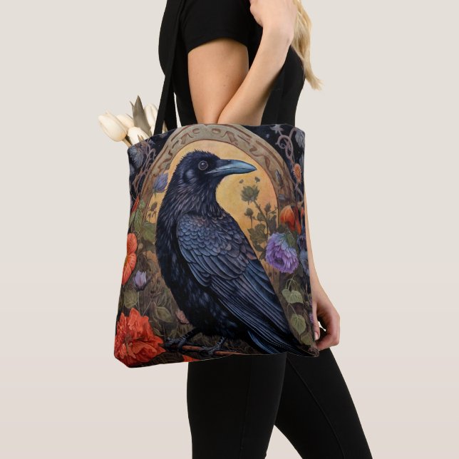 Black Raven med Flowers Gothic Design Tygkasse (Närbild)