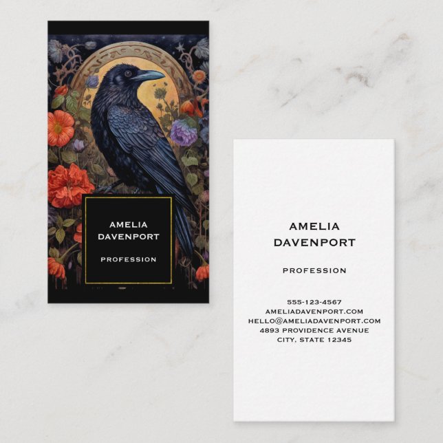 Black Raven med Flowers Gothic Design Visitkort (Fram/baksida)